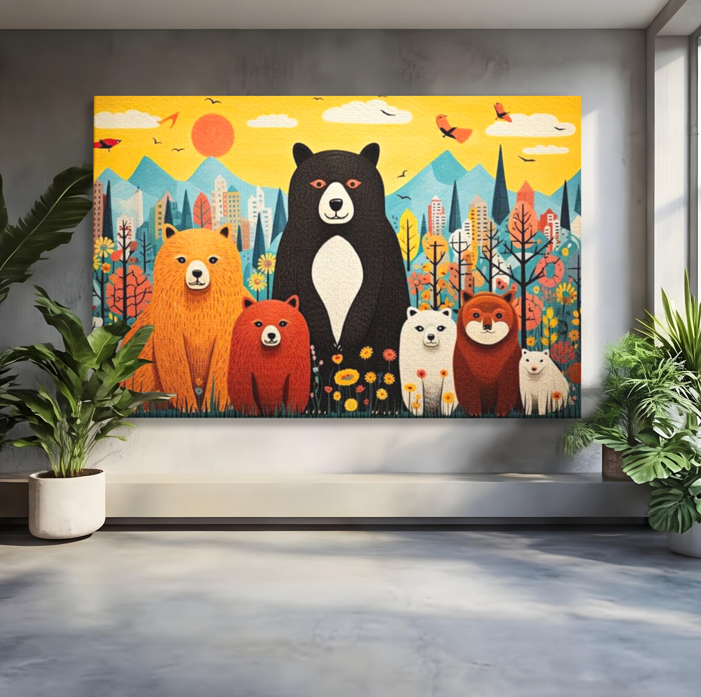 Tablou canvas cu ilustratie cu sapte ursuleti in natura, fara rama, pe sasiu de lemn